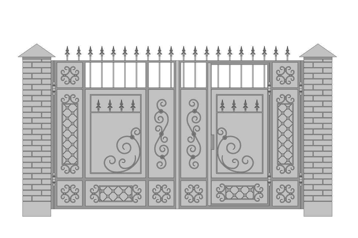 Закрытые прямые ворота со встроенной калиткой и шириной 3400 мм, рисунок 1